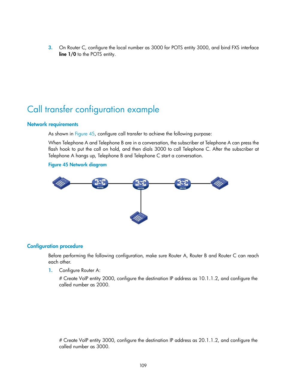 Call transfer configuration example, Network requirements, Configuration procedure | H3C Technologies H3C MSR 5600 User Manual | Page 119 / 123