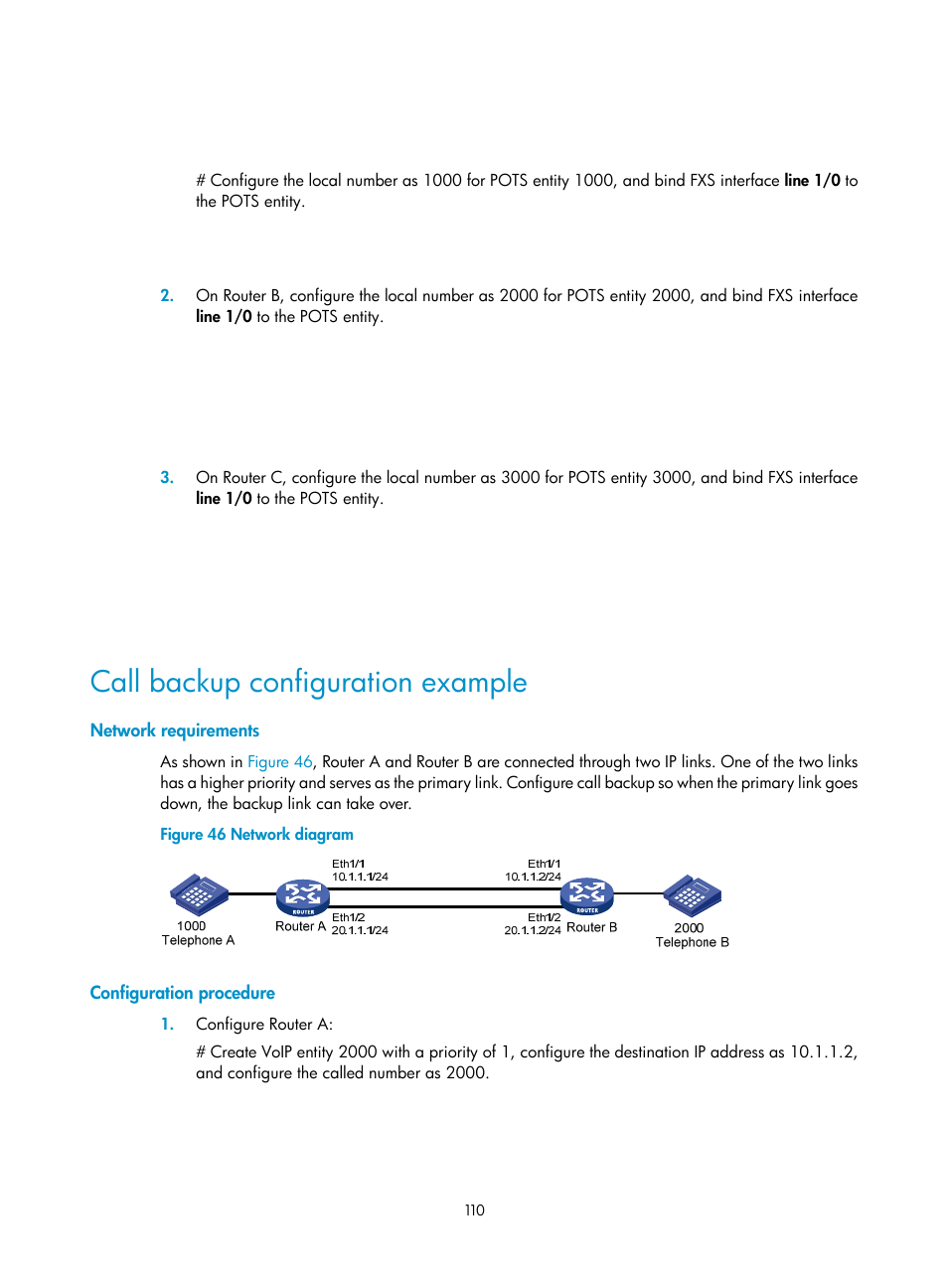 Call backup configuration example, Network requirements, Configuration procedure | H3C Technologies H3C MSR 5600 User Manual | Page 120 / 123