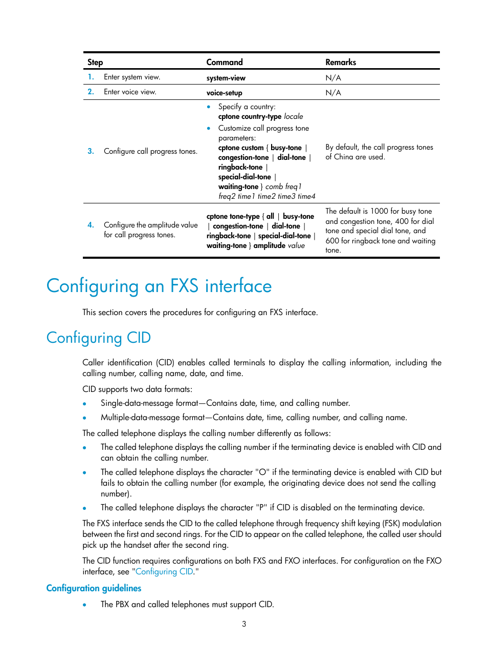 Configuring an fxs interface, Configuring cid, Configuration guidelines | H3C Technologies H3C MSR 5600 User Manual | Page 13 / 123