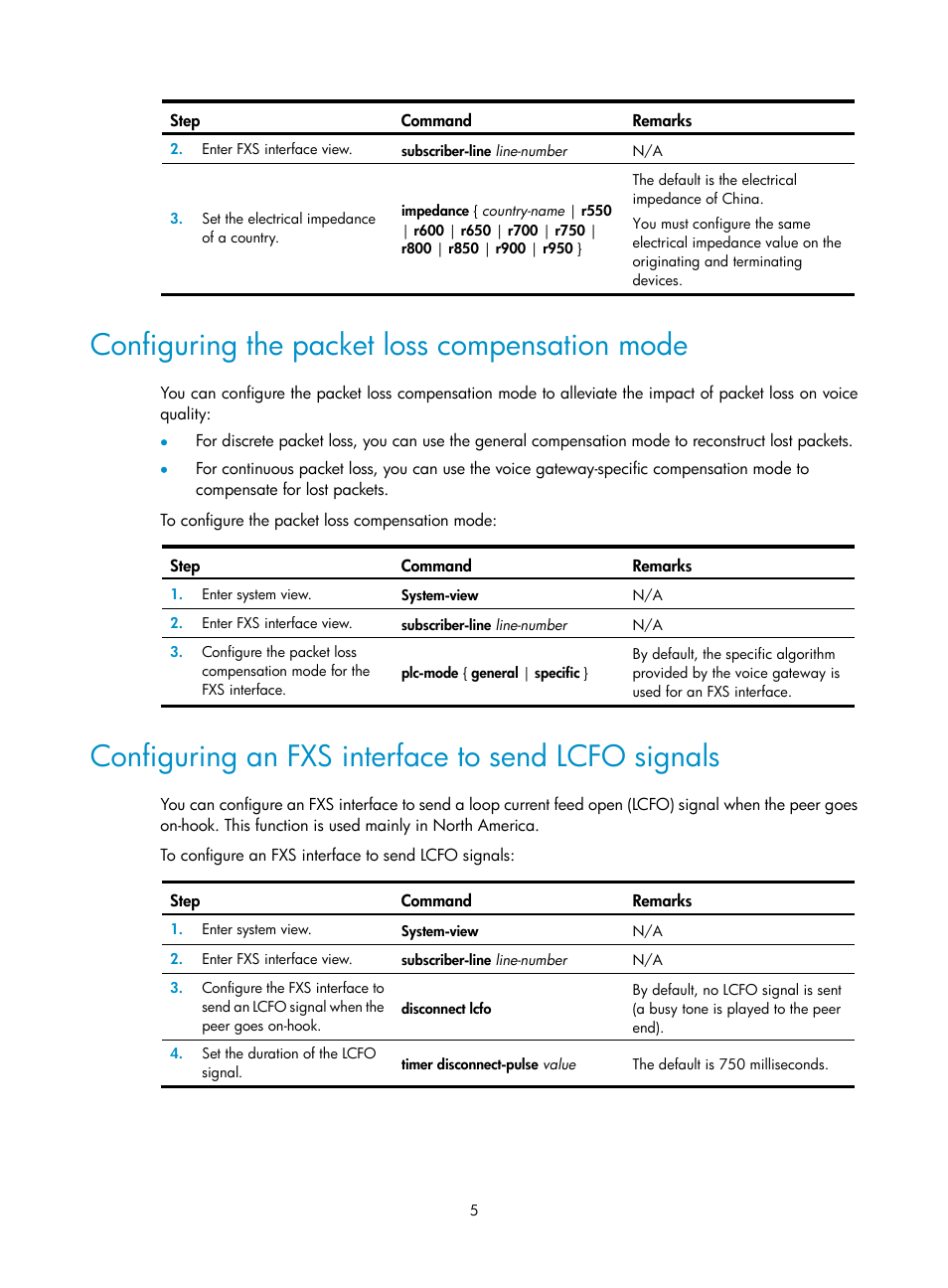 Configuring the packet loss compensation mode, Configuring an fxs interface to send lcfo signals | H3C Technologies H3C MSR 5600 User Manual | Page 15 / 123