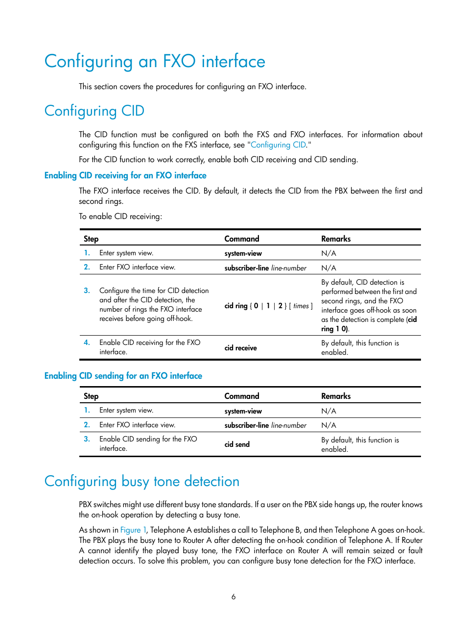 Configuring an fxo interface, Configuring cid, Enabling cid receiving for an fxo interface | Enabling cid sending for an fxo interface, Configuring busy tone detection | H3C Technologies H3C MSR 5600 User Manual | Page 16 / 123