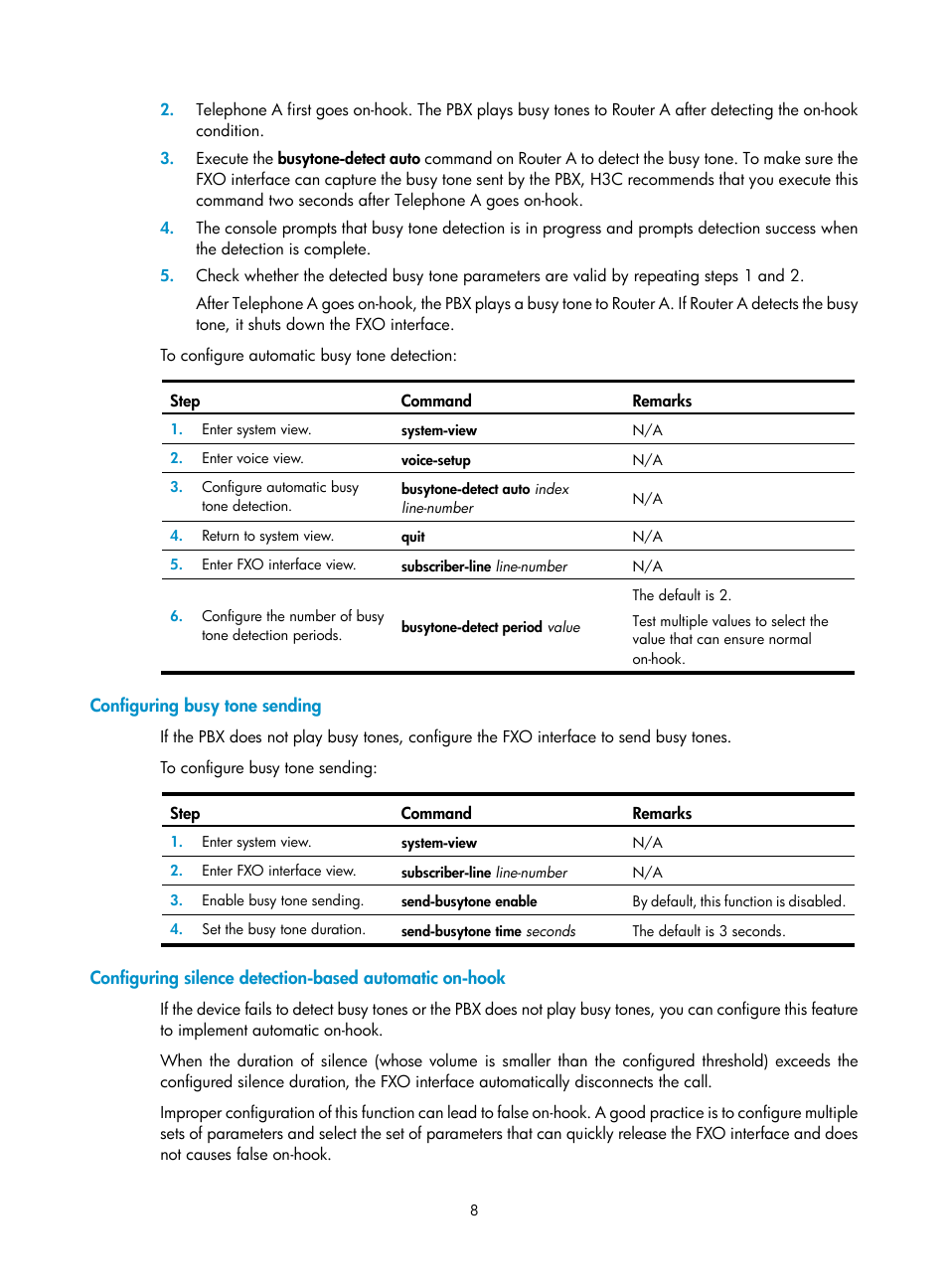 Configuring busy tone sending | H3C Technologies H3C MSR 5600 User Manual | Page 18 / 123