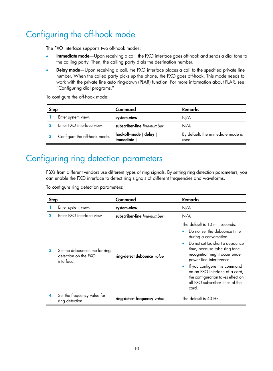 Configuring the off-hook mode, Configuring ring detection parameters | H3C Technologies H3C MSR 5600 User Manual | Page 20 / 123