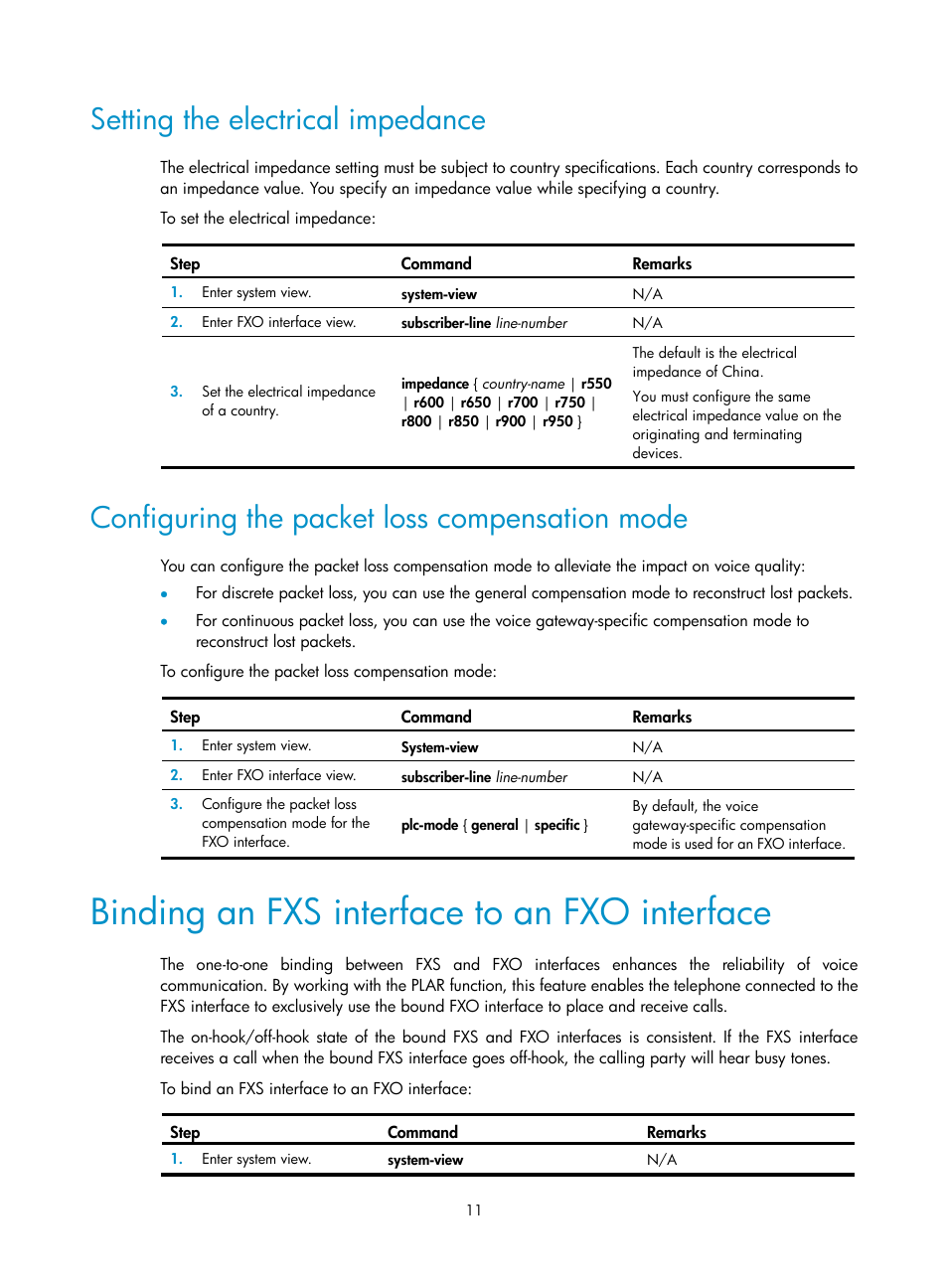 Setting the electrical impedance, Configuring the packet loss compensation mode, Binding an fxs interface to an fxo interface | H3C Technologies H3C MSR 5600 User Manual | Page 21 / 123