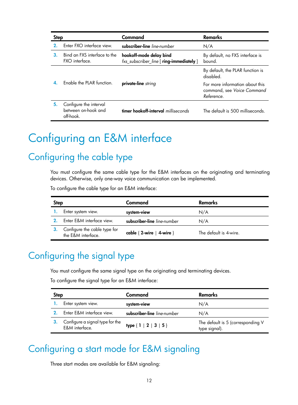 Configuring an e&m interface, Configuring the cable type, Configuring the signal type | Configuring a start mode for e&m signaling | H3C Technologies H3C MSR 5600 User Manual | Page 22 / 123