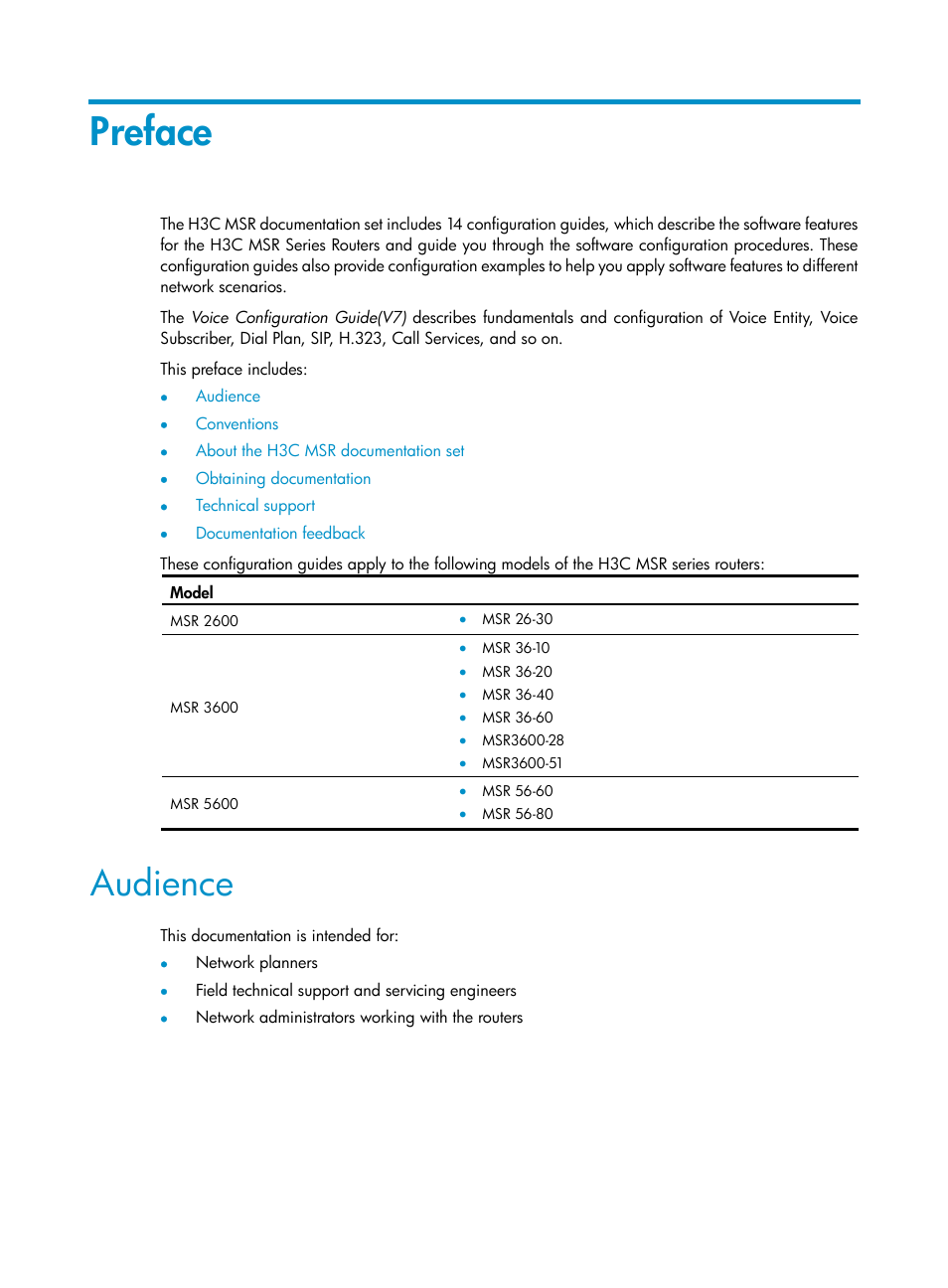 Preface, Audience | H3C Technologies H3C MSR 5600 User Manual | Page 3 / 123