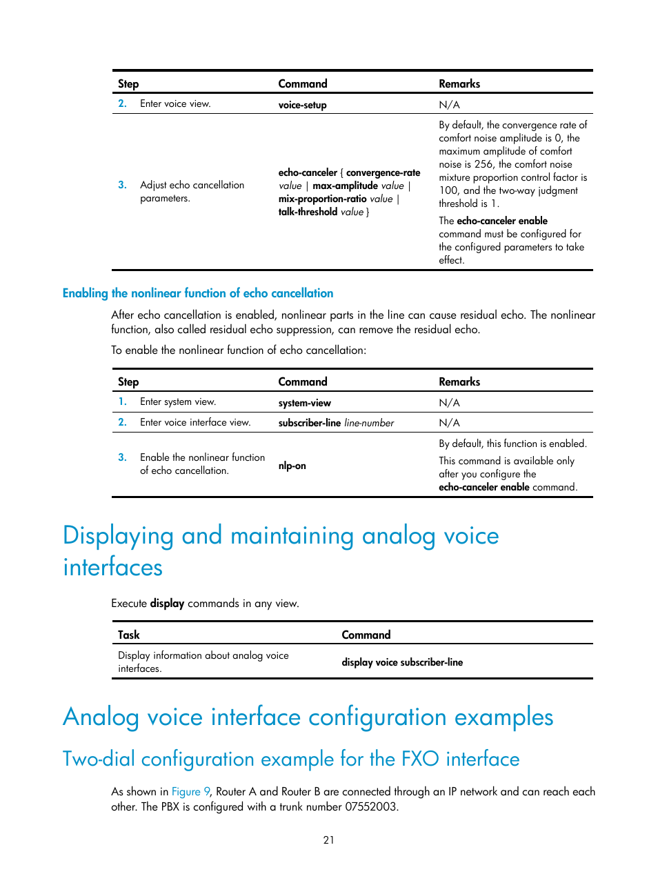 Displaying and maintaining analog voice interfaces, Analog voice interface configuration examples | H3C Technologies H3C MSR 5600 User Manual | Page 31 / 123