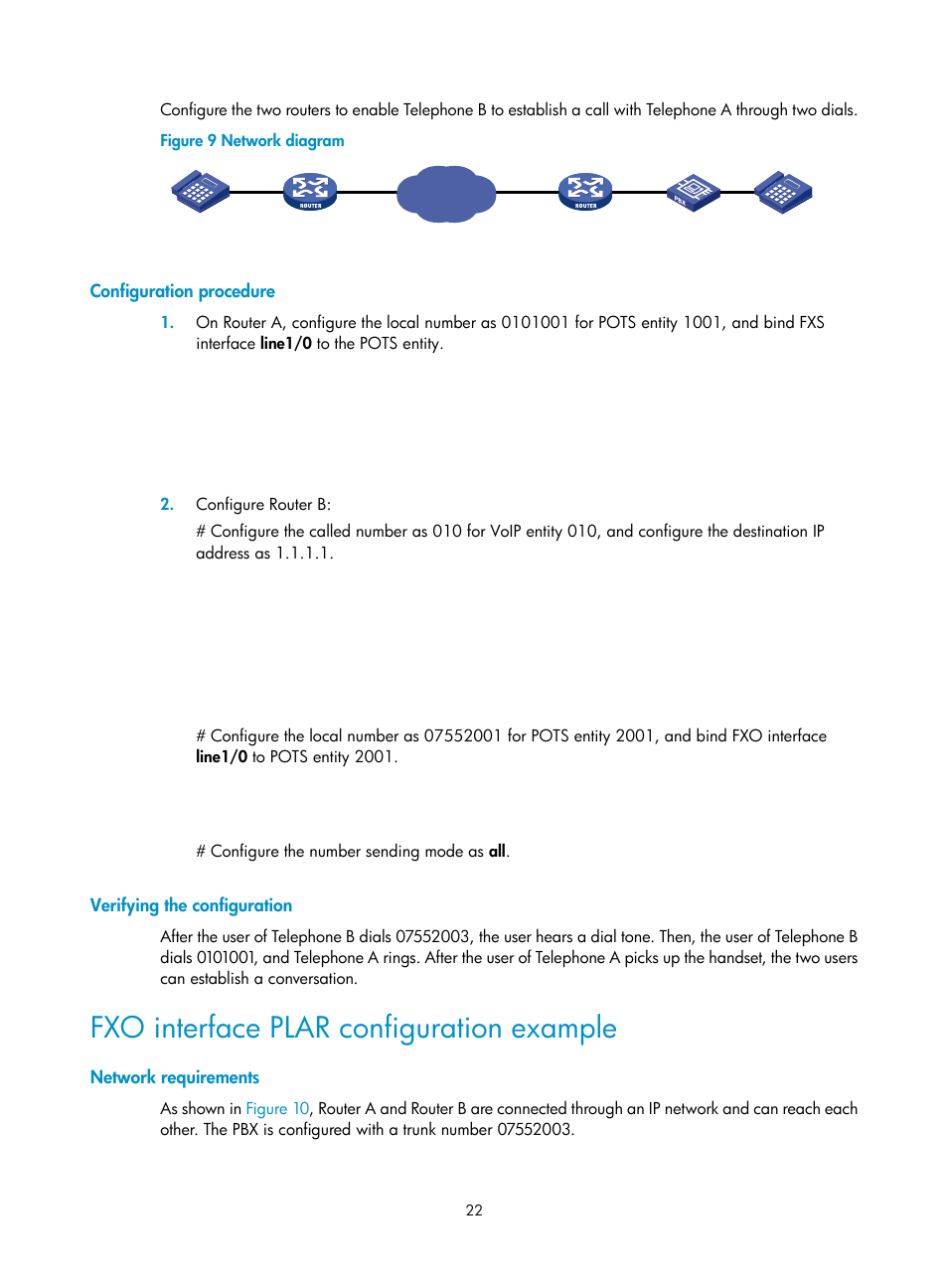 Configuration procedure, Verifying the configuration, Fxo interface plar configuration example | Network requirements | H3C Technologies H3C MSR 5600 User Manual | Page 32 / 123