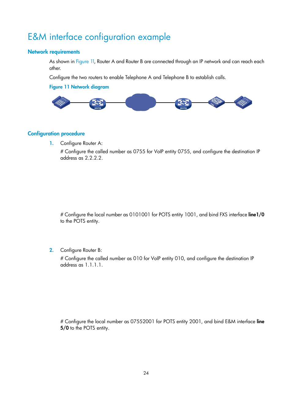 E&m interface configuration example, Network requirements, Configuration procedure | H3C Technologies H3C MSR 5600 User Manual | Page 34 / 123