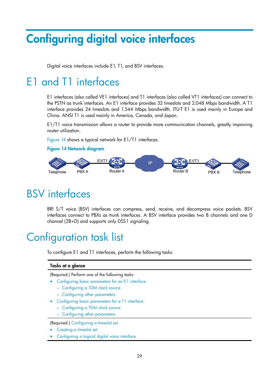 Configuring digital voice interfaces, E1 and t1 interfaces, Bsv interfaces | Configuration task list | H3C Technologies H3C MSR 5600 User Manual | Page 39 / 123