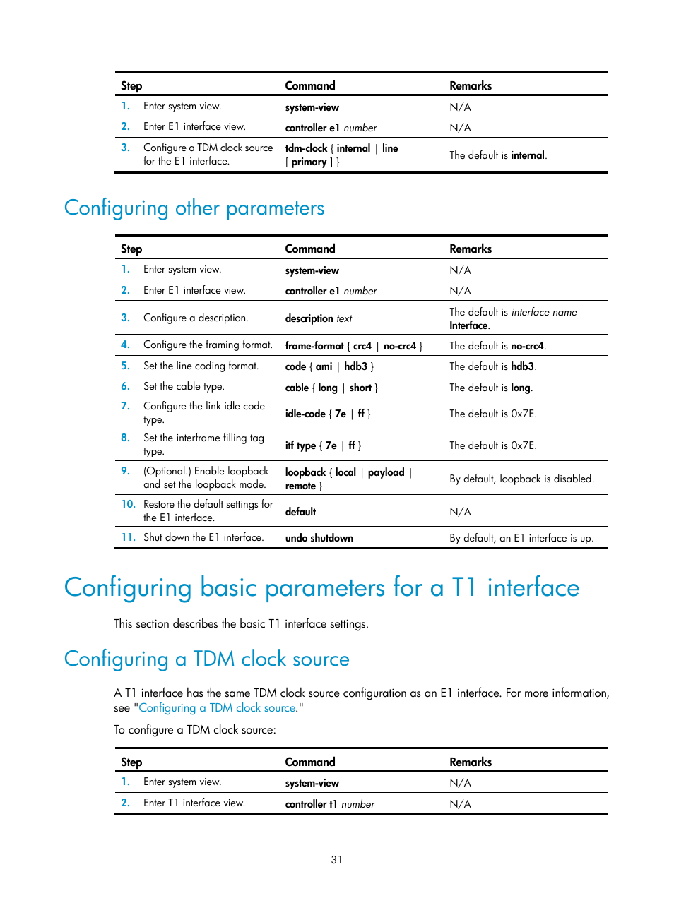 Configuring other parameters, Configuring basic parameters for a t1 interface, Configuring a tdm clock source | H3C Technologies H3C MSR 5600 User Manual | Page 41 / 123