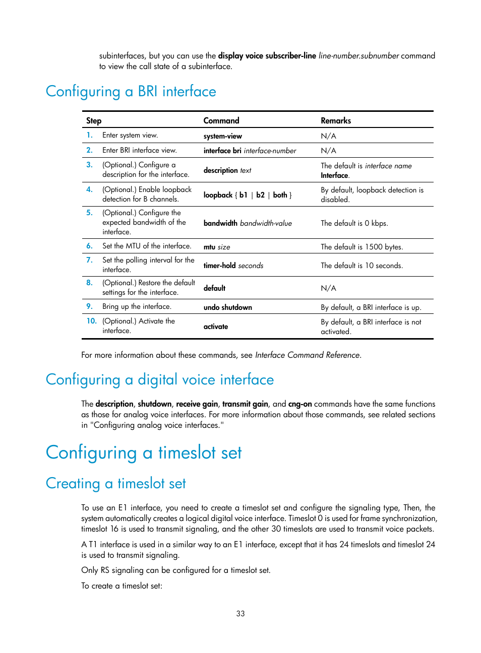 Configuring a bri interface, Configuring a digital voice interface, Configuring a timeslot set | Creating a timeslot set, Required.) | H3C Technologies H3C MSR 5600 User Manual | Page 43 / 123