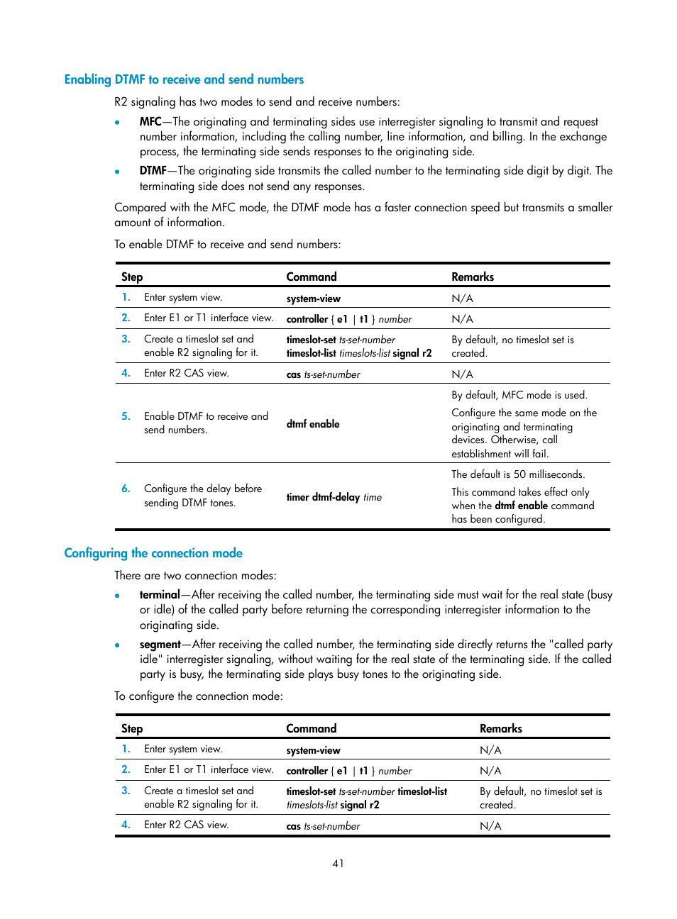 Enabling dtmf to receive and send numbers, Configuring the connection mode | H3C Technologies H3C MSR 5600 User Manual | Page 51 / 123