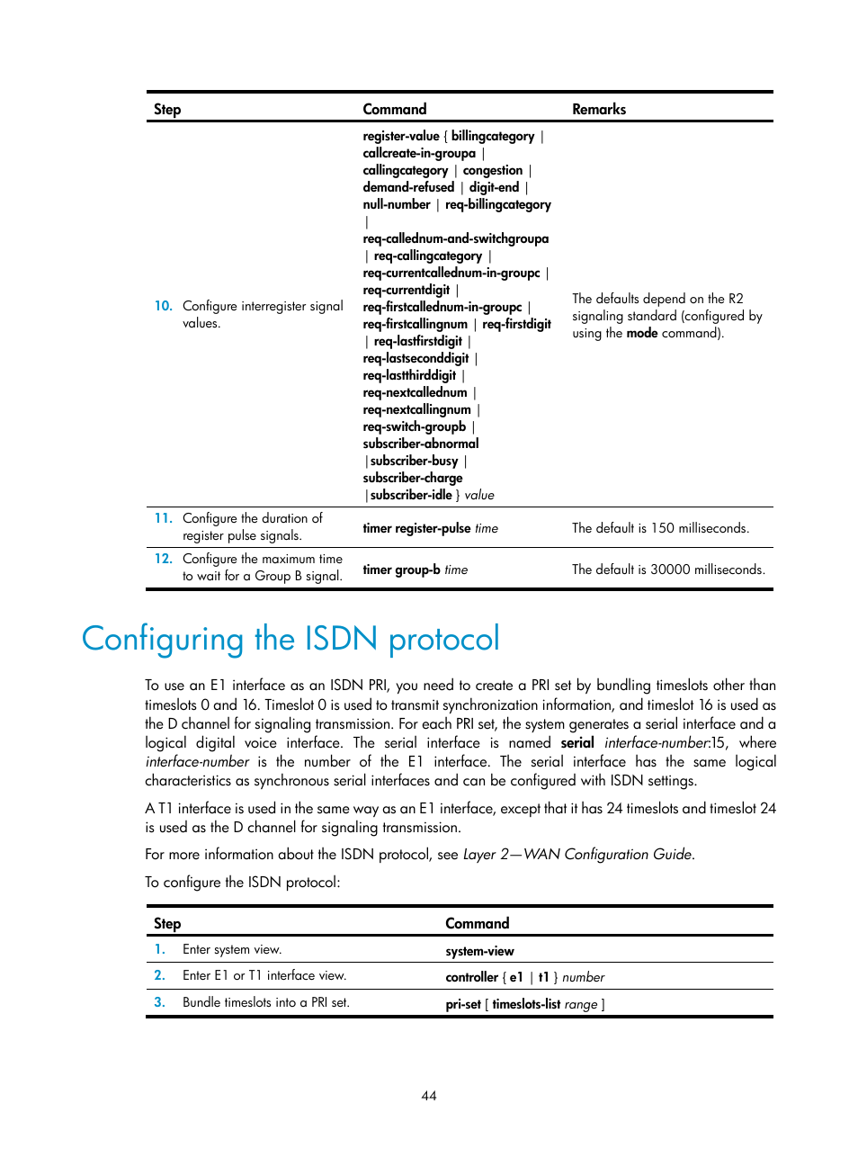 Configuring the isdn protocol, Required.) | H3C Technologies H3C MSR 5600 User Manual | Page 54 / 123