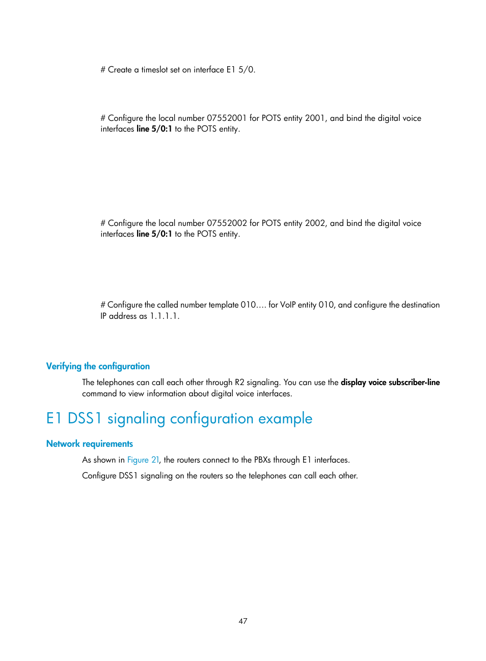 Verifying the configuration, E1 dss1 signaling configuration example, Network requirements | H3C Technologies H3C MSR 5600 User Manual | Page 57 / 123