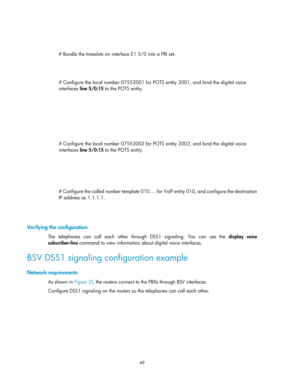 Verifying the configuration, Bsv dss1 signaling configuration example, Network requirements | H3C Technologies H3C MSR 5600 User Manual | Page 59 / 123