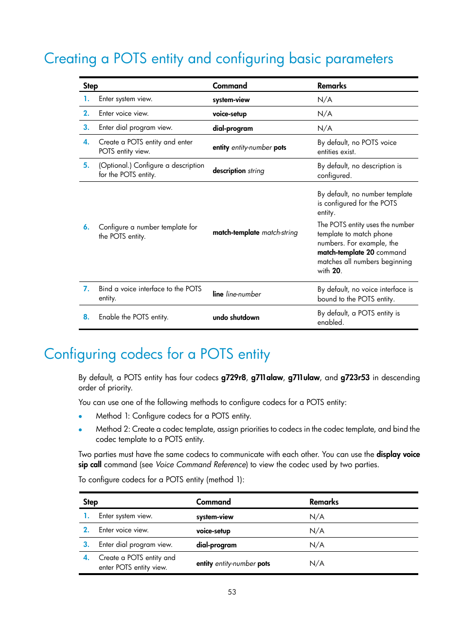 Configuring codecs for a pots entity, Required.) | H3C Technologies H3C MSR 5600 User Manual | Page 63 / 123