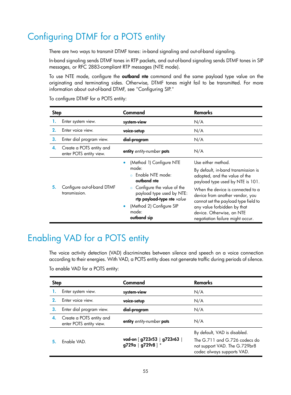 Configuring dtmf for a pots entity, Enabling vad for a pots entity | H3C Technologies H3C MSR 5600 User Manual | Page 65 / 123