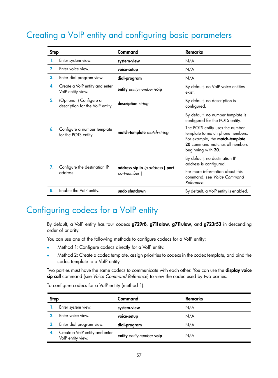 Configuring codecs for a voip entity | H3C Technologies H3C MSR 5600 User Manual | Page 67 / 123