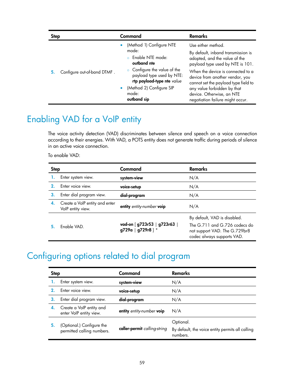 Enabling vad for a voip entity, Configuring options related to dial program | H3C Technologies H3C MSR 5600 User Manual | Page 69 / 123