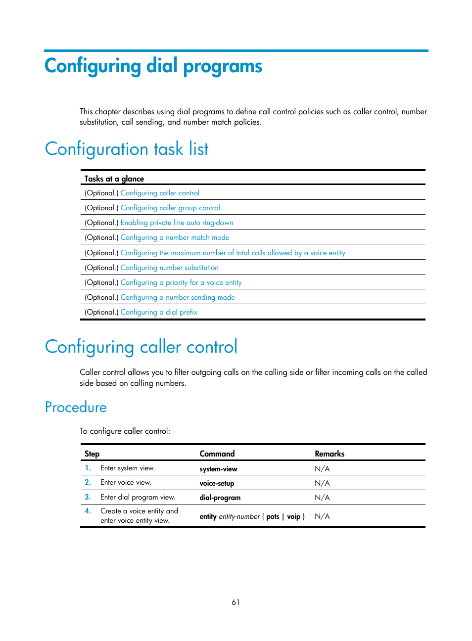 Configuring dial programs, Configuration task list, Configuring caller control | Procedure | H3C Technologies H3C MSR 5600 User Manual | Page 71 / 123