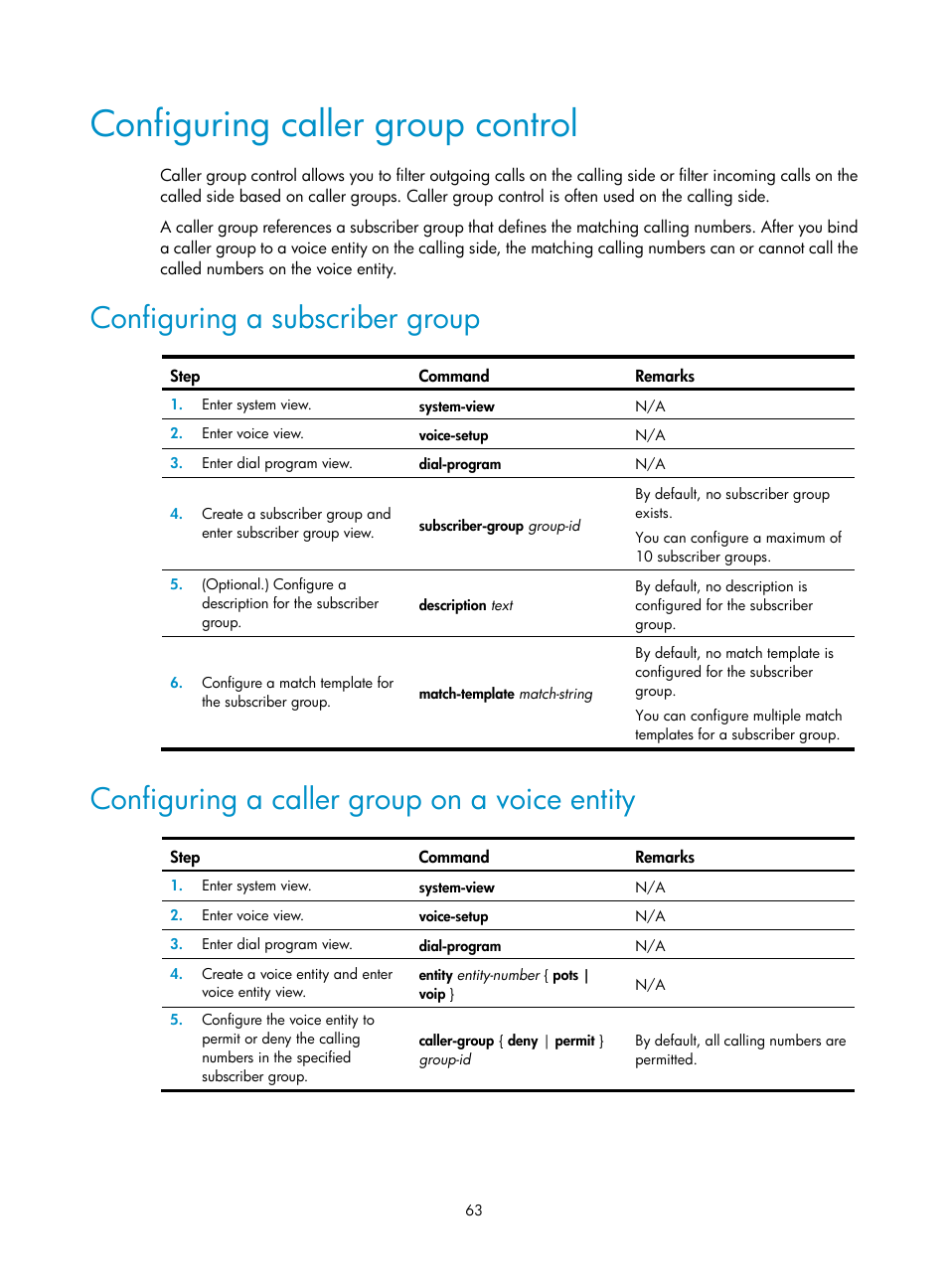 Configuring caller group control, Configuring a subscriber group, Configuring a caller group on a voice entity | H3C Technologies H3C MSR 5600 User Manual | Page 73 / 123