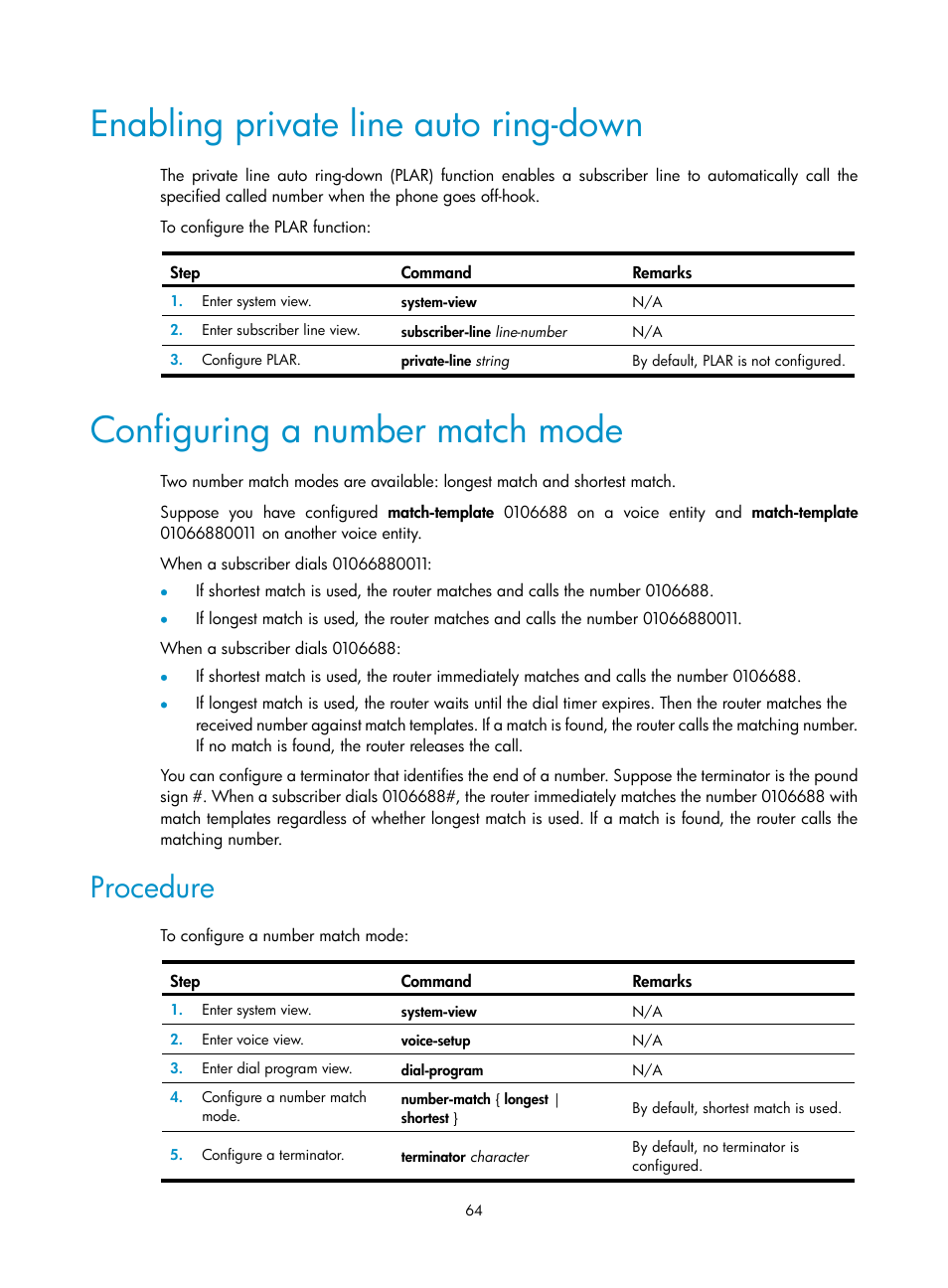 Enabling private line auto ring-down, Configuring a number match mode, Procedure | H3C Technologies H3C MSR 5600 User Manual | Page 74 / 123