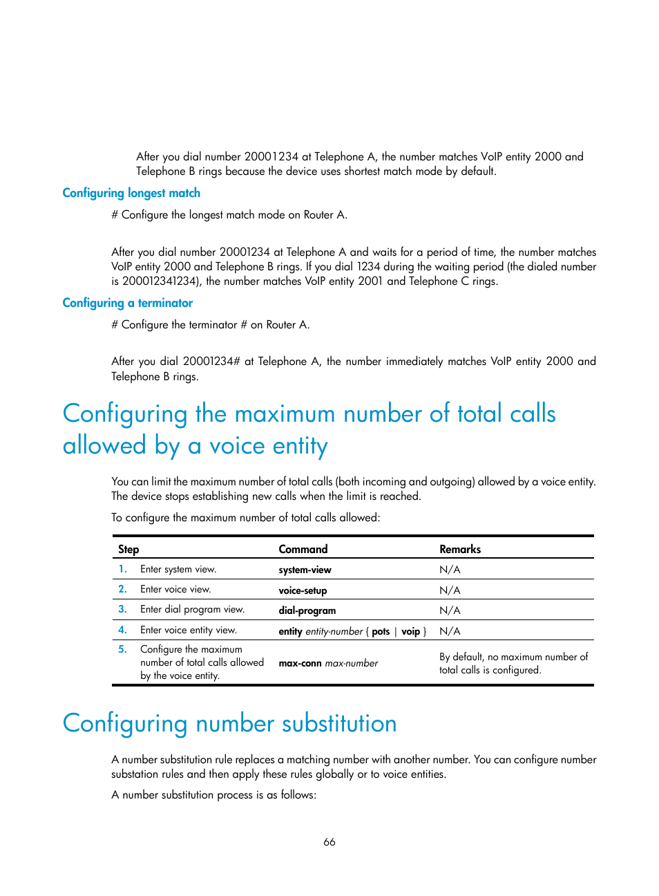 Configuring longest match, Configuring a terminator, Configuring number substitution | H3C Technologies H3C MSR 5600 User Manual | Page 76 / 123