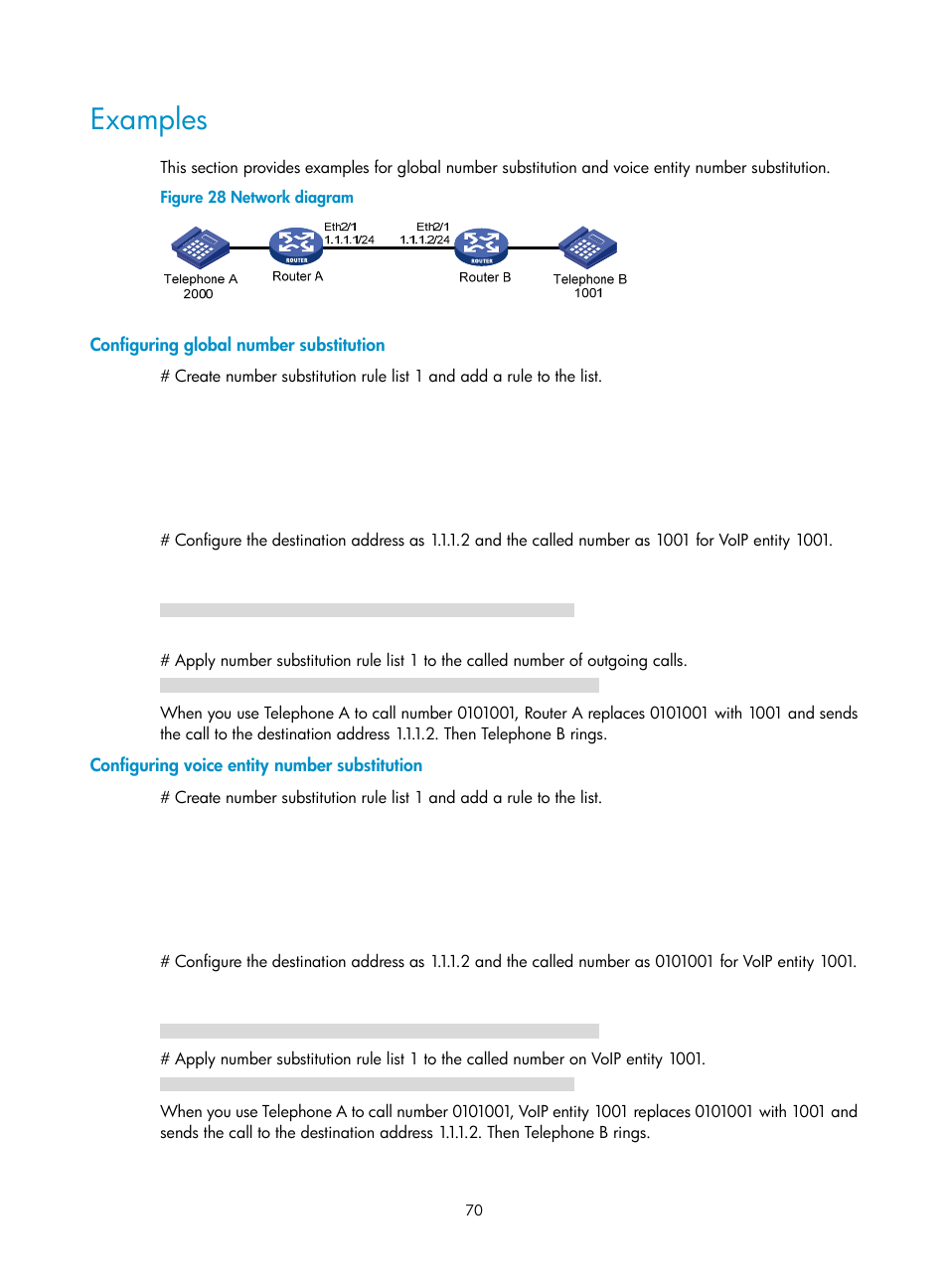 Examples, Configuring global number substitution, Configuring voice entity number substitution | H3C Technologies H3C MSR 5600 User Manual | Page 80 / 123