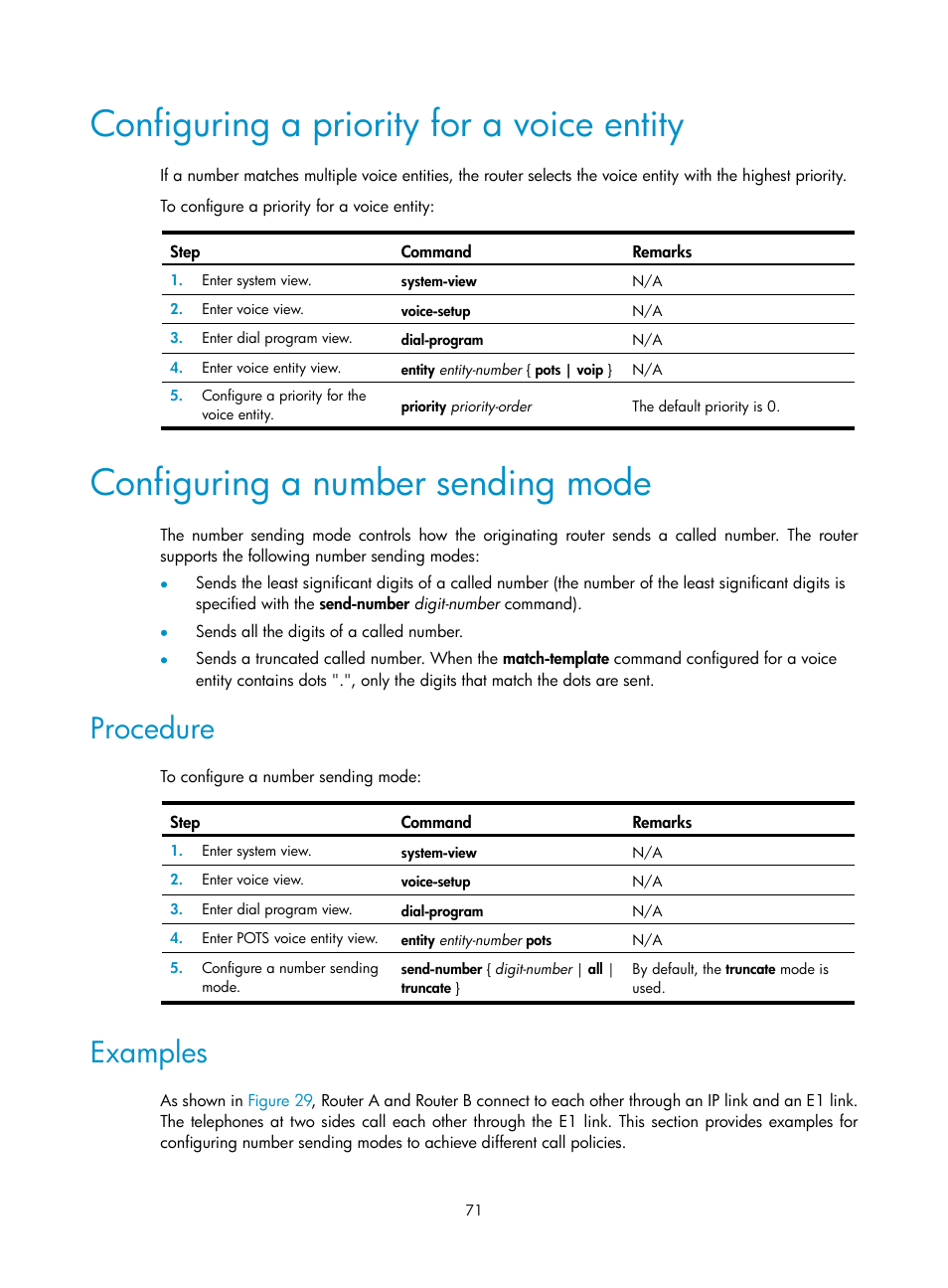 Configuring a priority for a voice entity, Configuring a number sending mode, Procedure | Examples | H3C Technologies H3C MSR 5600 User Manual | Page 81 / 123