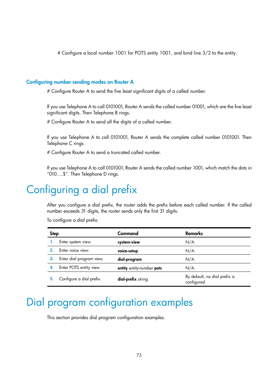 Configuring number sending modes on router a, Configuring a dial prefix, Dial program configuration examples | H3C Technologies H3C MSR 5600 User Manual | Page 83 / 123