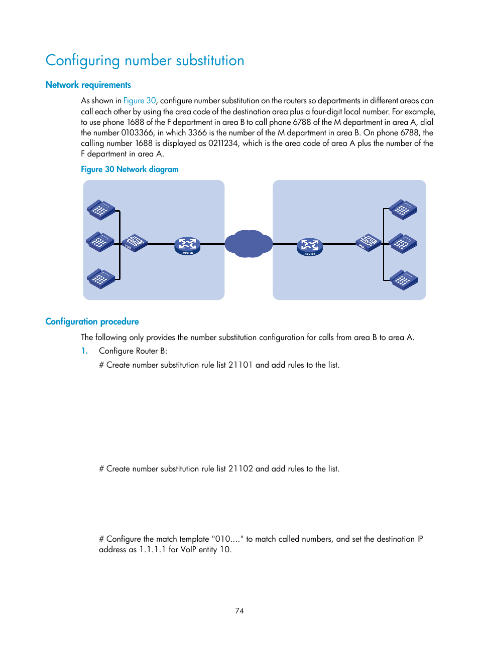 Configuring number substitution, Network requirements, Configuration procedure | H3C Technologies H3C MSR 5600 User Manual | Page 84 / 123