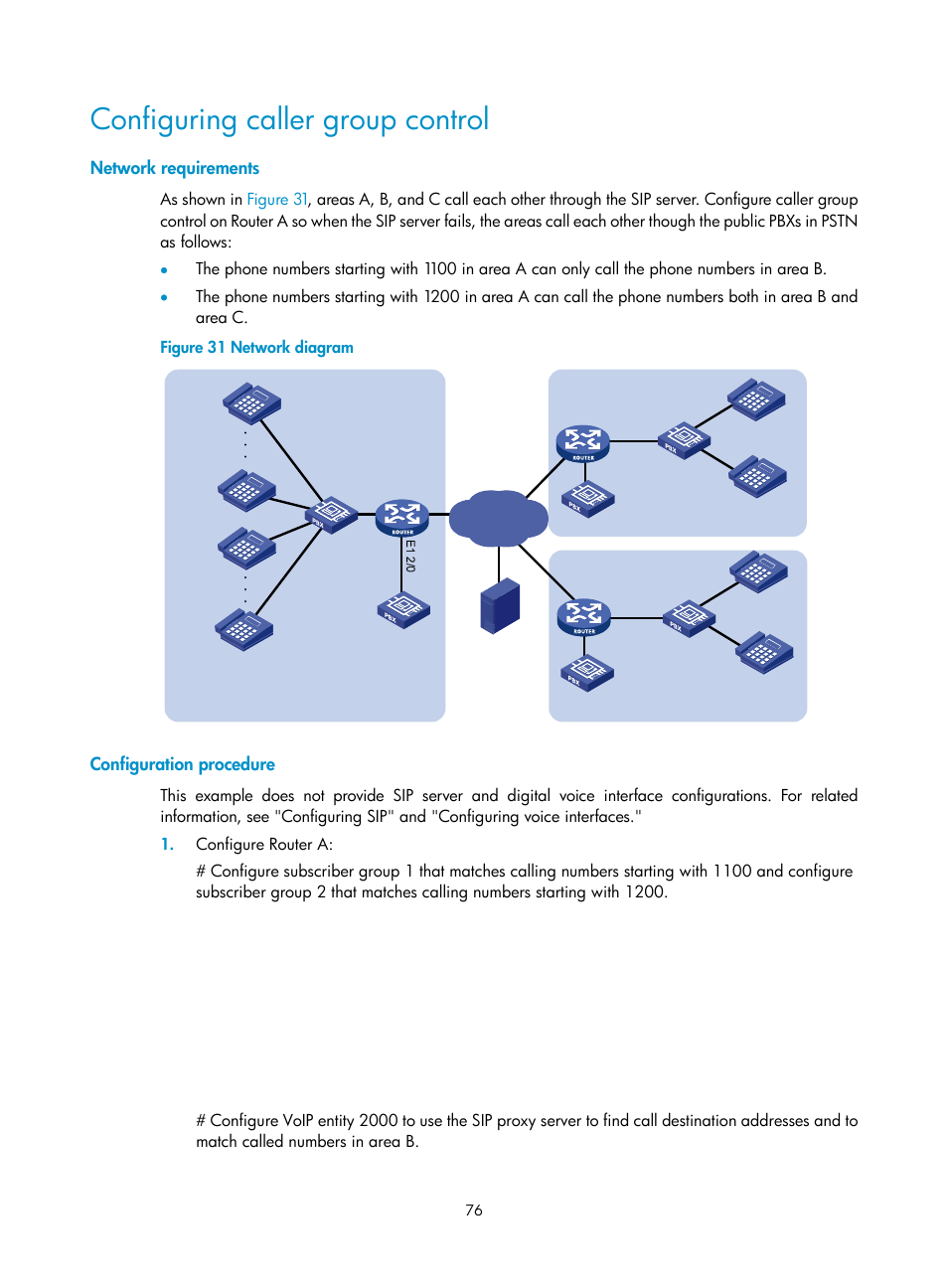 Configuring caller group control, Network requirements, Configuration procedure | H3C Technologies H3C MSR 5600 User Manual | Page 86 / 123