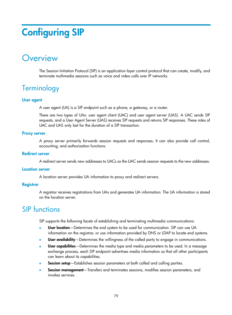 Configuring sip, Overview, Terminology | User agent, Proxy server, Redirect server, Location server, Registrar, Sip functions | H3C Technologies H3C MSR 5600 User Manual | Page 89 / 123