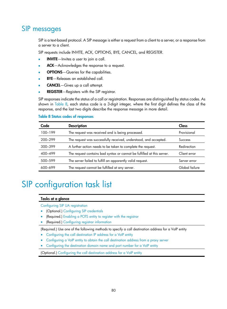 Sip messages, Sip configuration task list | H3C Technologies H3C MSR 5600 User Manual | Page 90 / 123