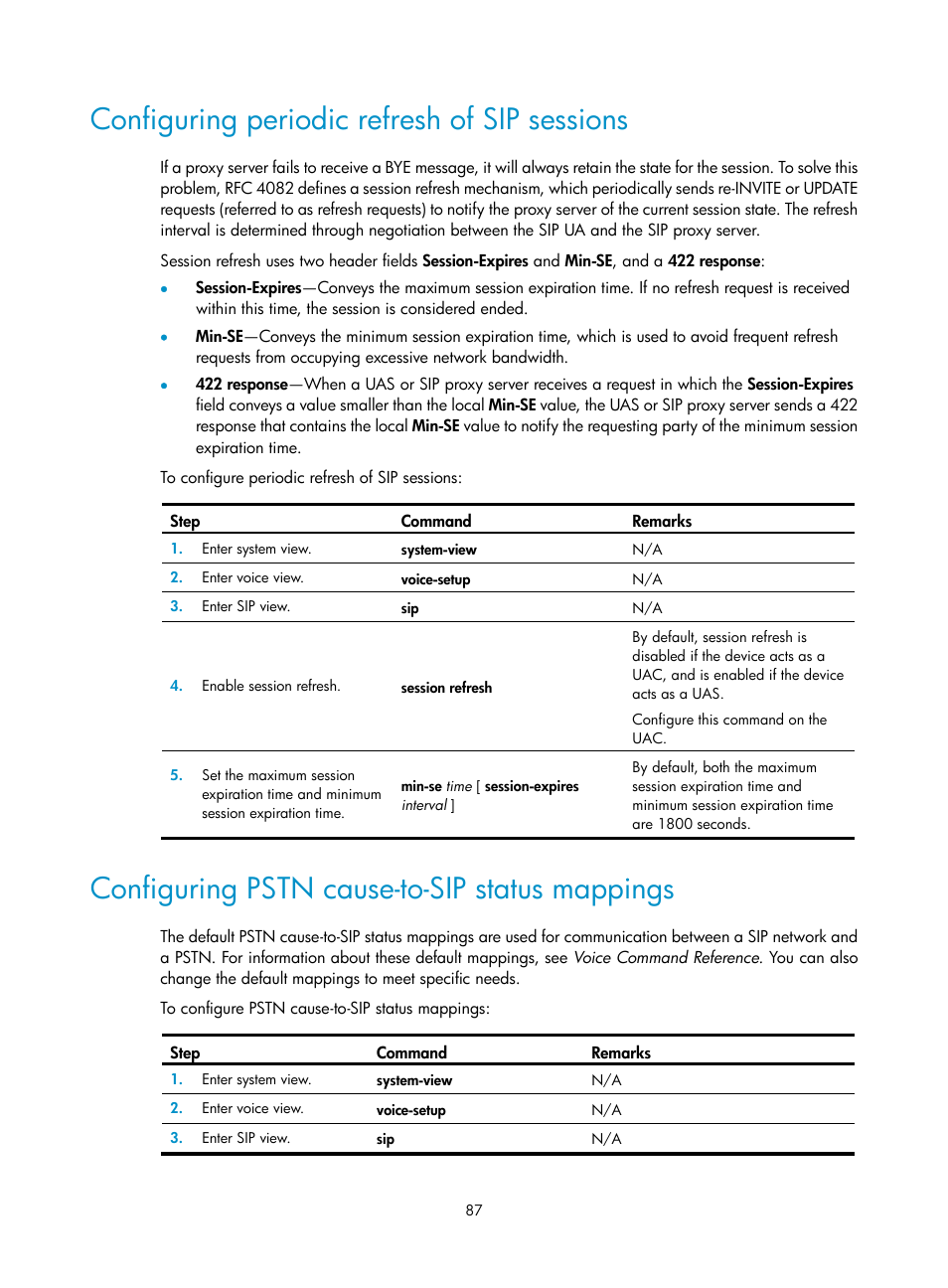 Configuring periodic refresh of sip sessions, Configuring pstn cause-to-sip status mappings | H3C Technologies H3C MSR 5600 User Manual | Page 97 / 123