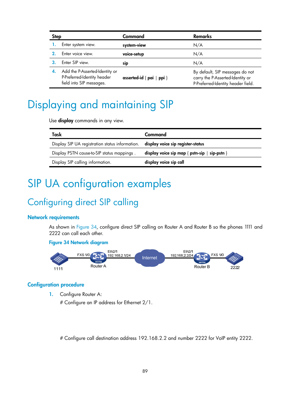 Displaying and maintaining sip, Sip ua configuration examples, Configuring direct sip calling | Network requirements, Configuration procedure | H3C Technologies H3C MSR 5600 User Manual | Page 99 / 123