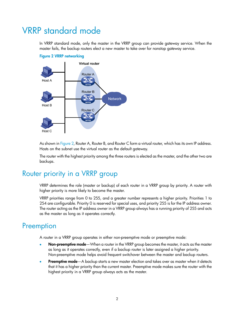 Vrrp standard mode, Router priority in a vrrp group, Preemption | H3C Technologies H3C MSR 5600 User Manual | Page 10 / 99