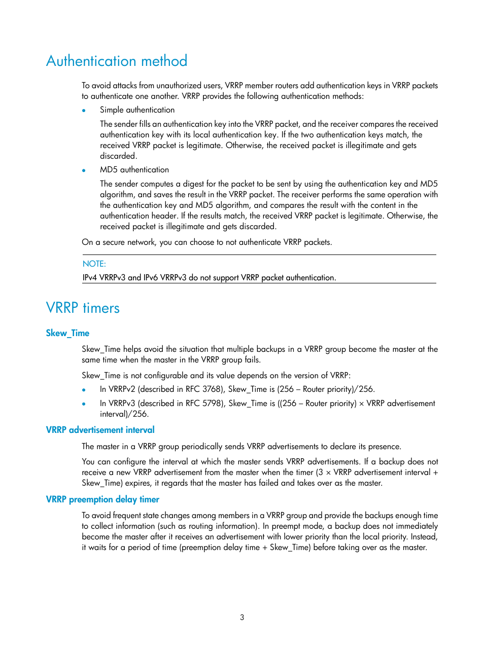 Authentication method, Vrrp timers, Skew_time | Vrrp advertisement interval, Vrrp preemption delay timer | H3C Technologies H3C MSR 5600 User Manual | Page 11 / 99