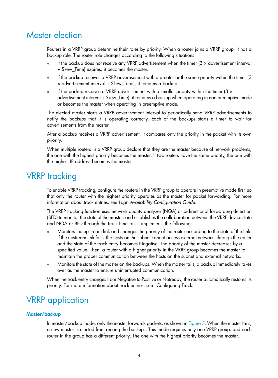 Master election, Vrrp tracking, Vrrp application | Master/backup | H3C Technologies H3C MSR 5600 User Manual | Page 12 / 99