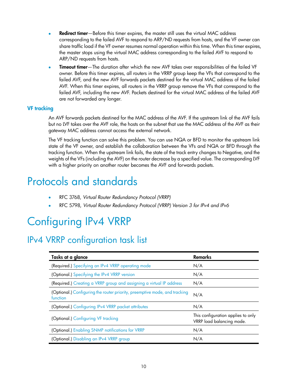 Vf tracking, Protocols and standards, Configuring ipv4 vrrp | Ipv4 vrrp configuration task list | H3C Technologies H3C MSR 5600 User Manual | Page 18 / 99