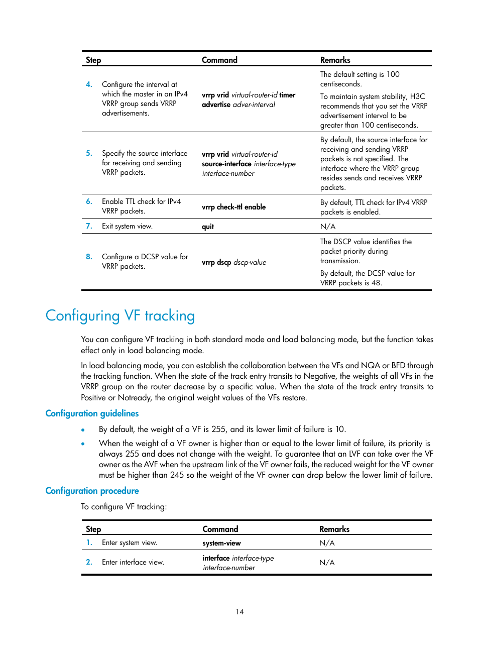 Configuring vf tracking, Configuration guidelines, Configuration procedure | H3C Technologies H3C MSR 5600 User Manual | Page 22 / 99