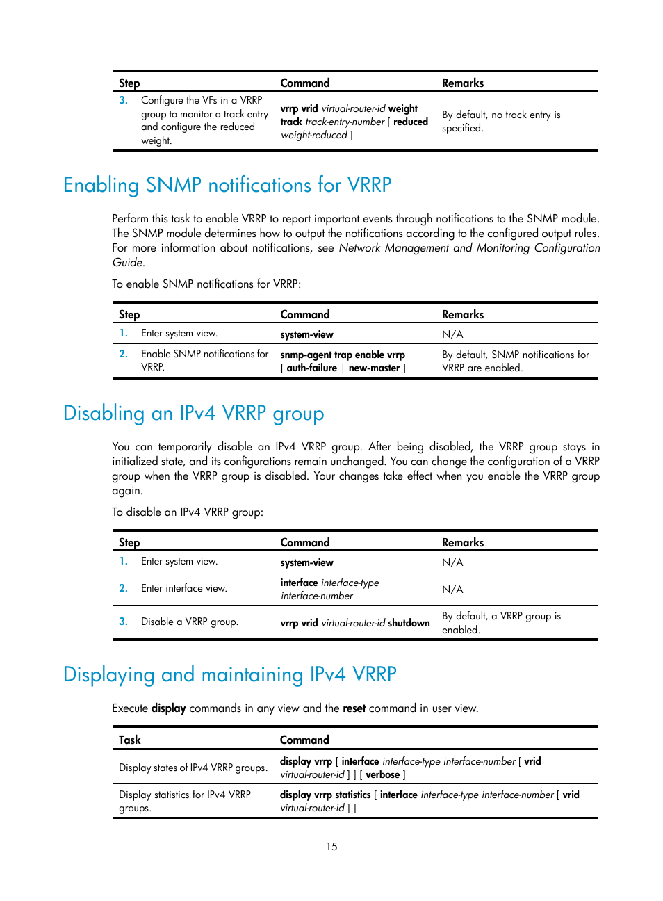 Enabling snmp notifications for vrrp, Disabling an ipv4 vrrp group, Displaying and maintaining ipv4 vrrp | H3C Technologies H3C MSR 5600 User Manual | Page 23 / 99