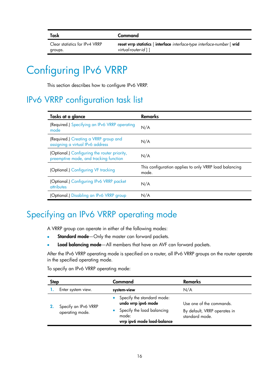 Configuring ipv6 vrrp, Ipv6 vrrp configuration task list, Specifying an ipv6 vrrp operating mode | H3C Technologies H3C MSR 5600 User Manual | Page 24 / 99