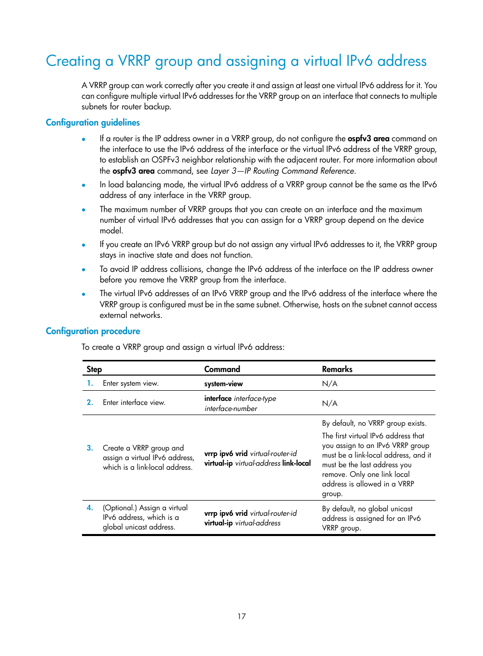 Configuration guidelines, Configuration procedure, Required.) | Creating a vrrp group and, Assigning a virtual ipv6 address | H3C Technologies H3C MSR 5600 User Manual | Page 25 / 99