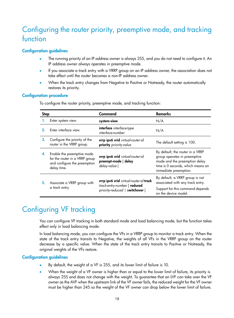 Configuration guidelines, Configuration procedure, Configuring vf tracking | Configuring the router priority, Preemptive mode, and tracking function | H3C Technologies H3C MSR 5600 User Manual | Page 26 / 99