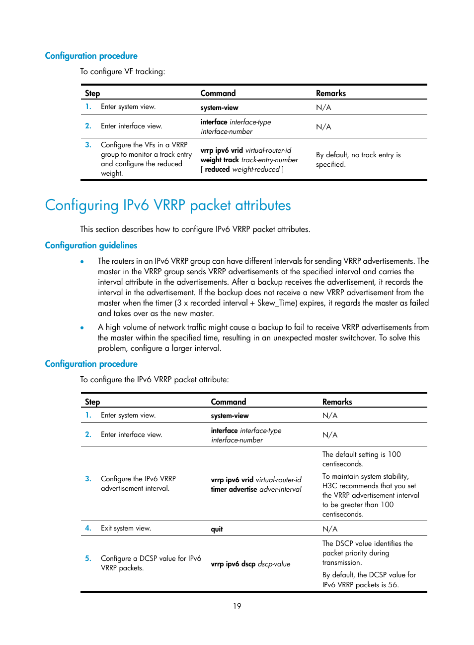 Configuration procedure, Configuring ipv6 vrrp packet attributes, Configuration guidelines | Configuring ipv6 vrrp packet, Attributes | H3C Technologies H3C MSR 5600 User Manual | Page 27 / 99