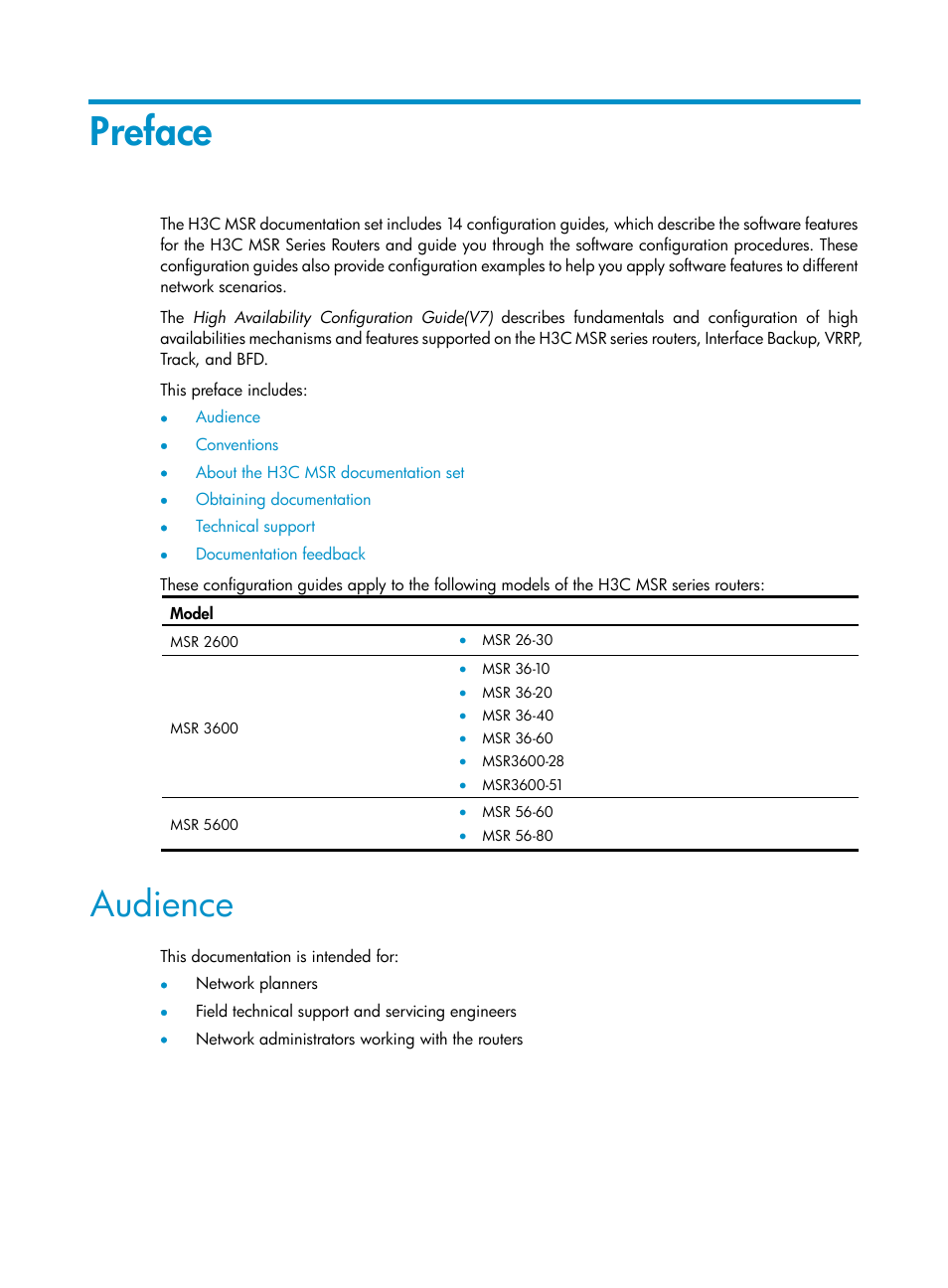 Preface, Audience | H3C Technologies H3C MSR 5600 User Manual | Page 3 / 99