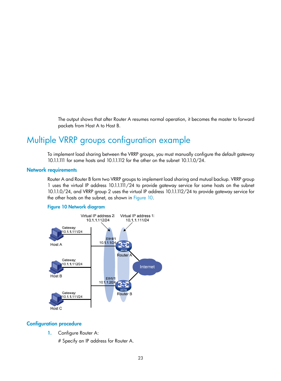 Multiple vrrp groups configuration example, Network requirements, Configuration procedure | H3C Technologies H3C MSR 5600 User Manual | Page 31 / 99