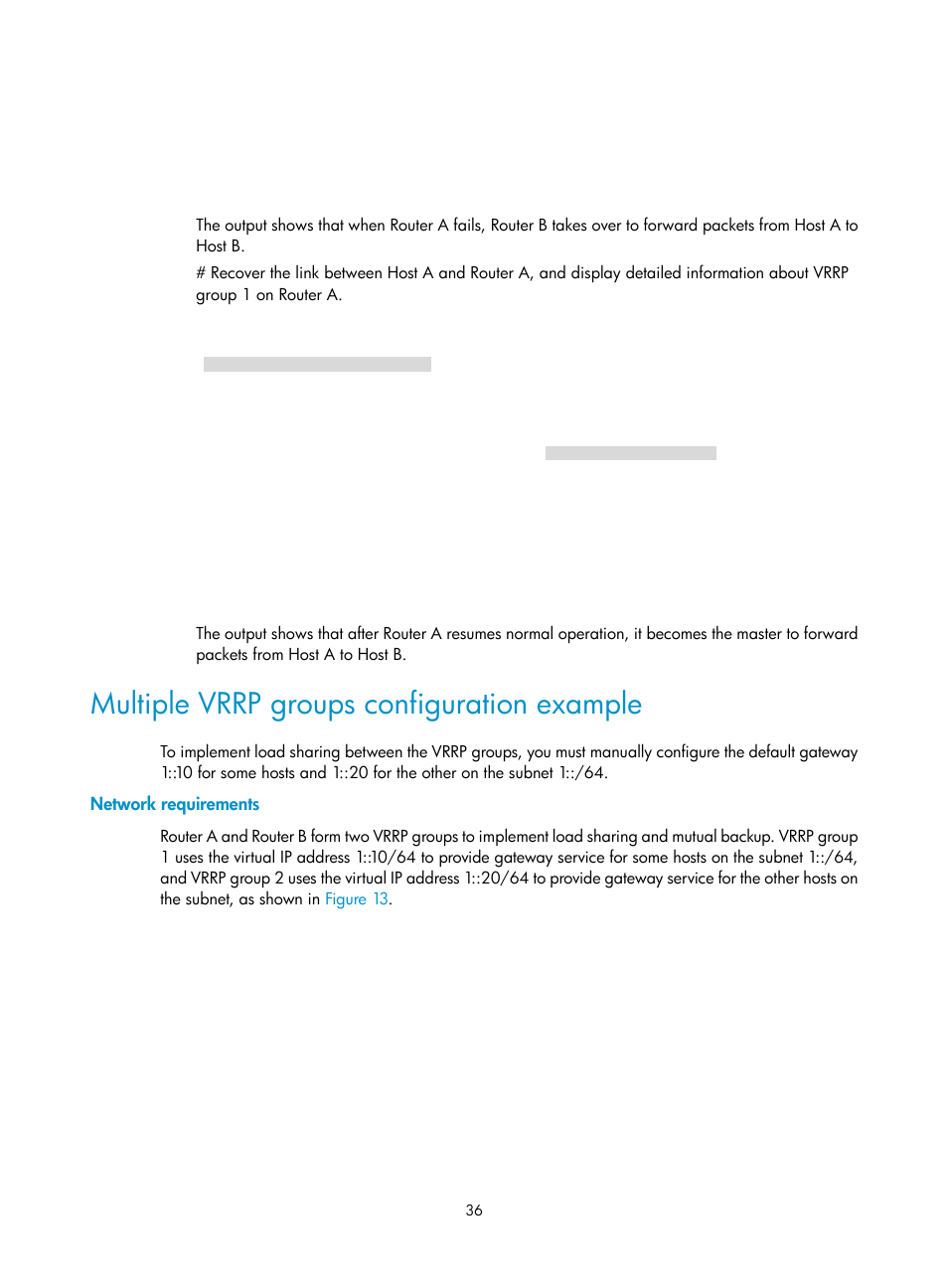 Multiple vrrp groups configuration example, Network requirements | H3C Technologies H3C MSR 5600 User Manual | Page 44 / 99